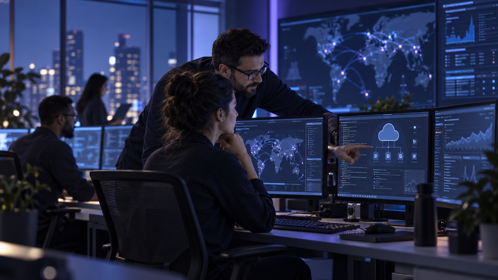 Cloud infrastructure specialists monitoring business systems